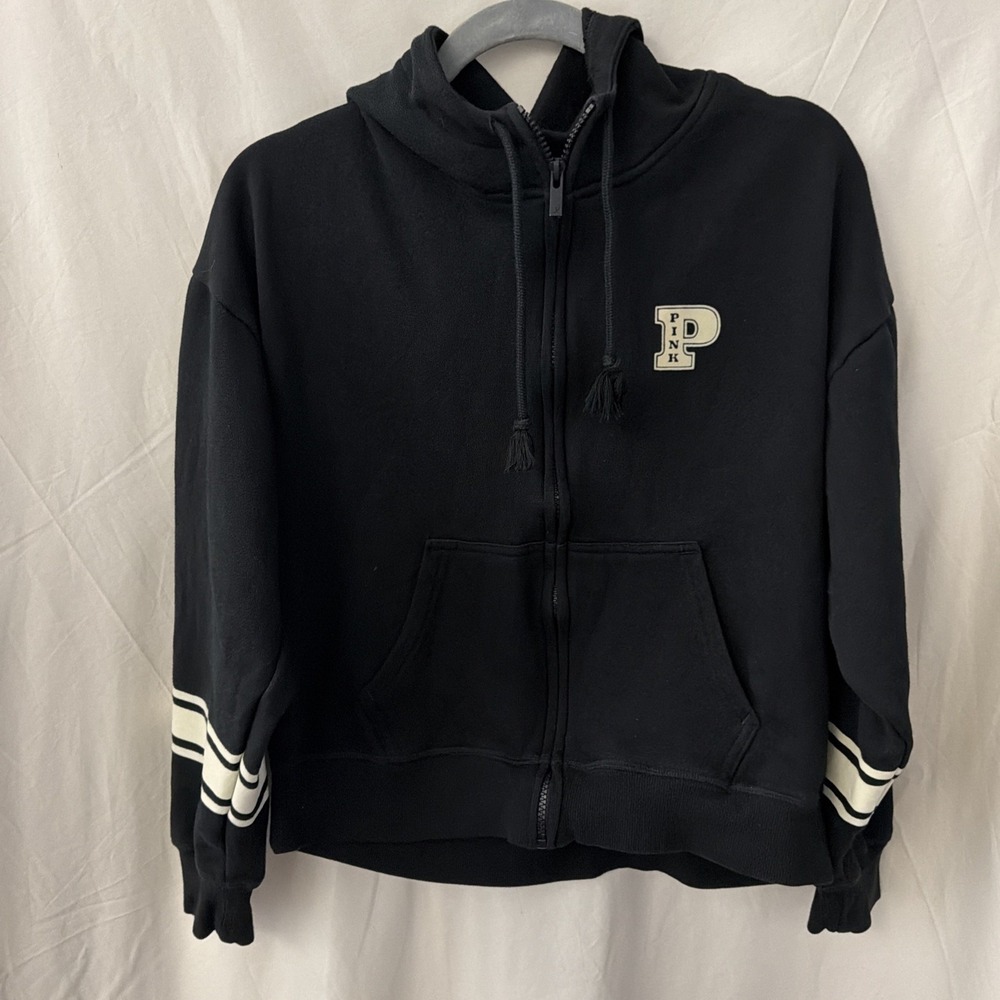 Victoria's Secret PINK Hoodie Womens M Black Full‎ Zip Logo Pocket